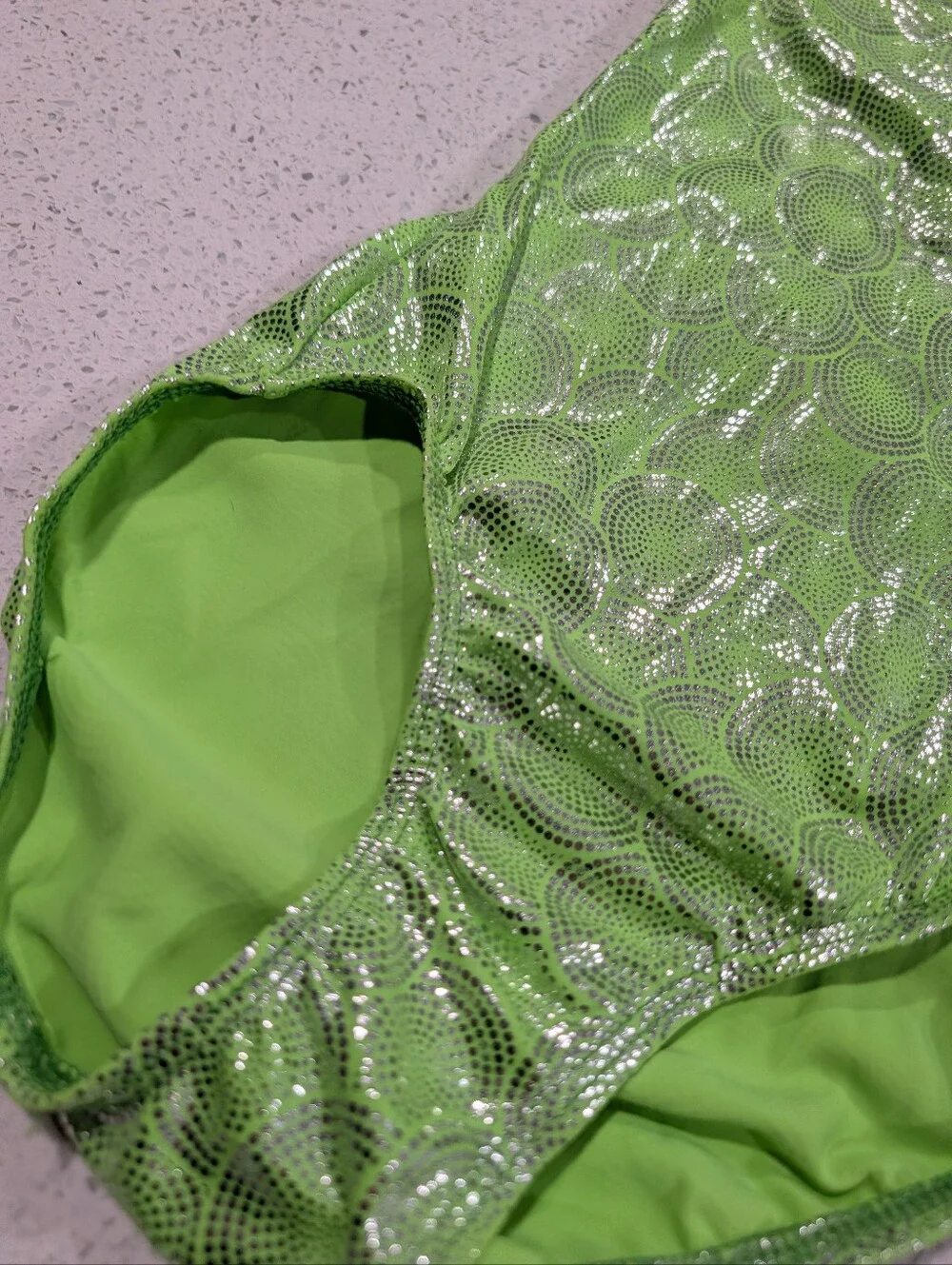 CUTE GK ELITE Large Gymnastics dance leotard Mystique Silver NEON GREEN Strappy
